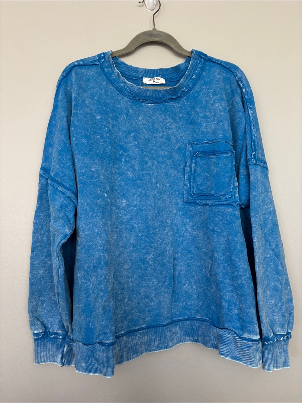 Zenana Cotton Blue Crewneck with Chest Pocket and Side Pockets